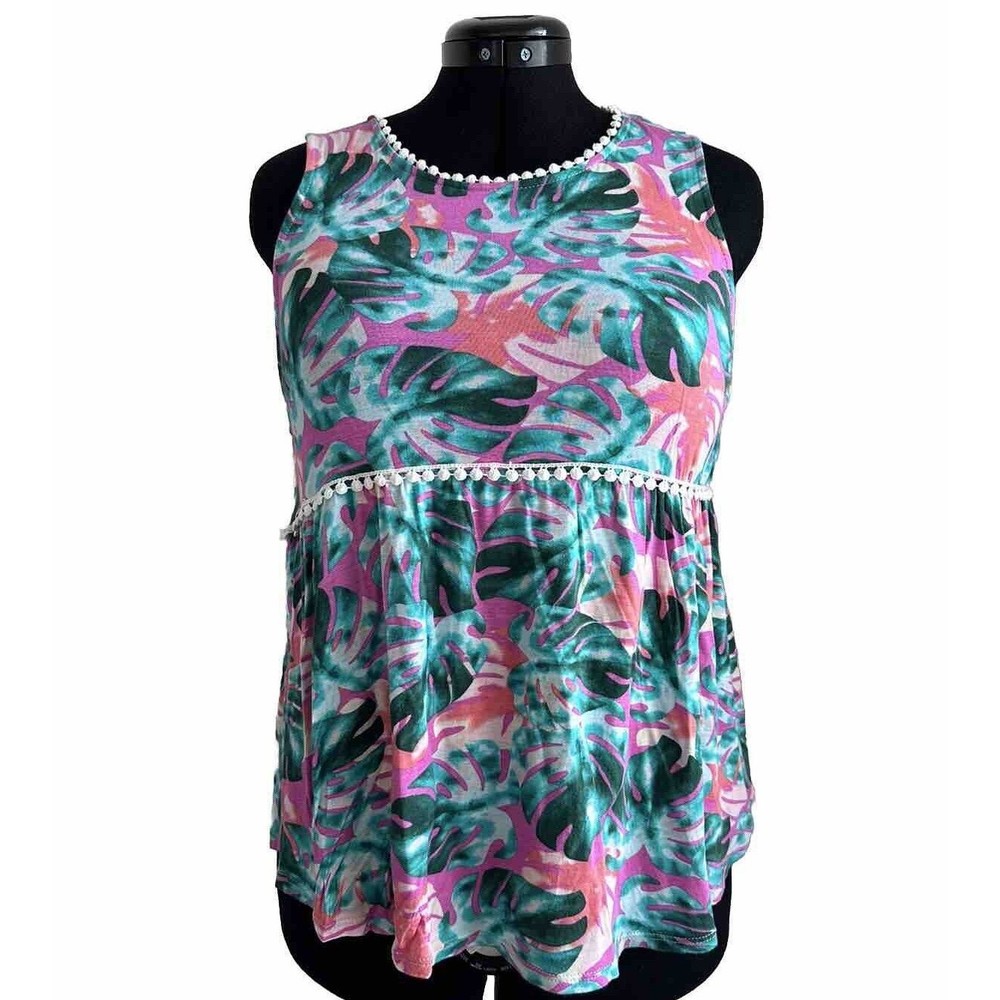 Papermoon Pink & Green Tropical Floral Leaf Sleeveless Top Women's Size M Medium